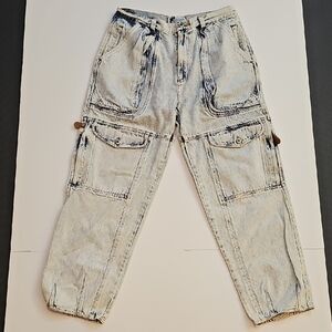 Vtg New Order Mens Jeans 36x30 Acid Wash Cargo Style Cropped Unisex Streetwear